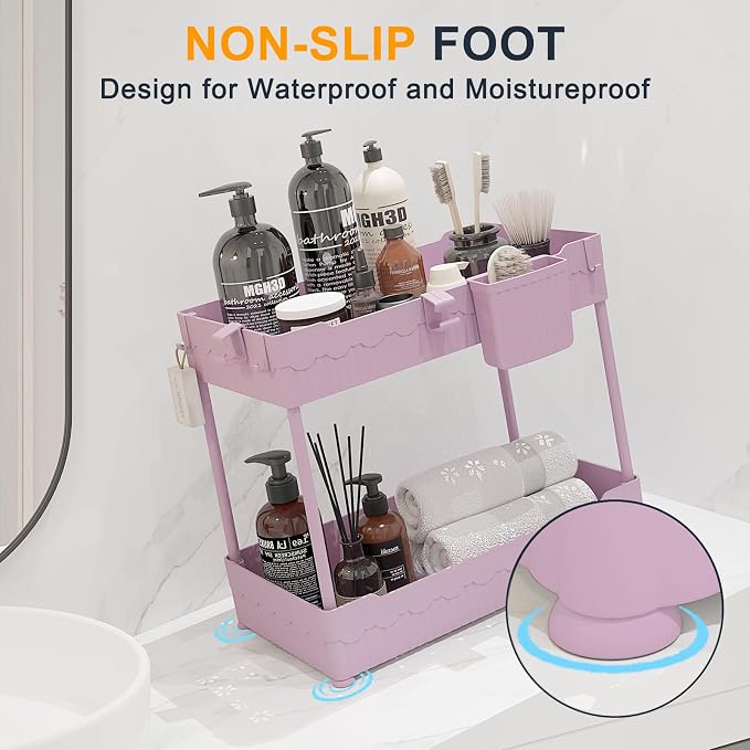 Sevenblue 2-Pack Under Sink Organizer with Hooks & Hanging Cup for Kitchen | Multi-use kitchen & bathroom storage, 12.8 inch pink cabinet organizer, with hooks and hanging cup for easy access.