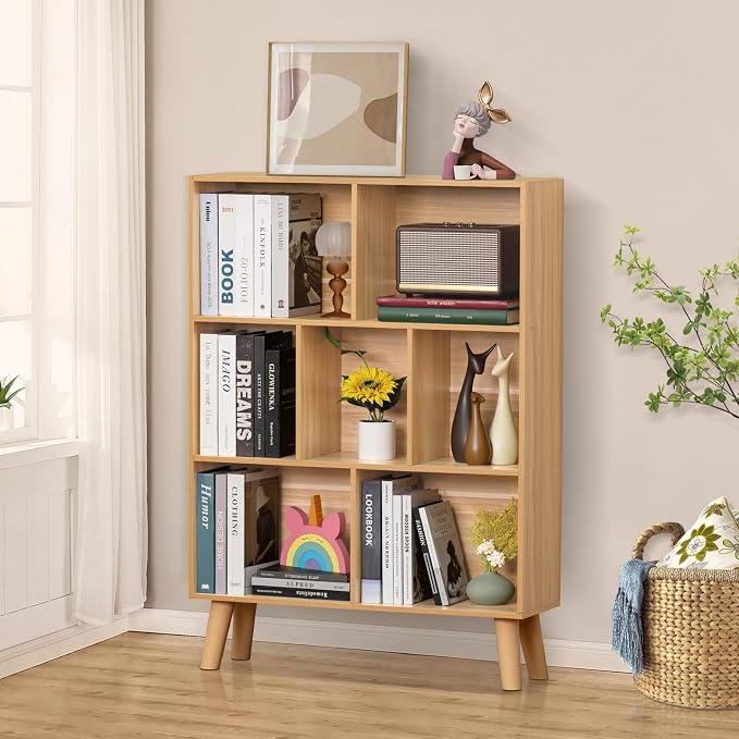 LEYAOYAO Cube Book Shelf, Mid-Century Modern Bookshelf with Legs, Natural | 3 Tier Bookcase, Rustic Wood Bookshelves Freestanding Small Storage Organizer, Open Shelves for Bedroom, Living Room, Office