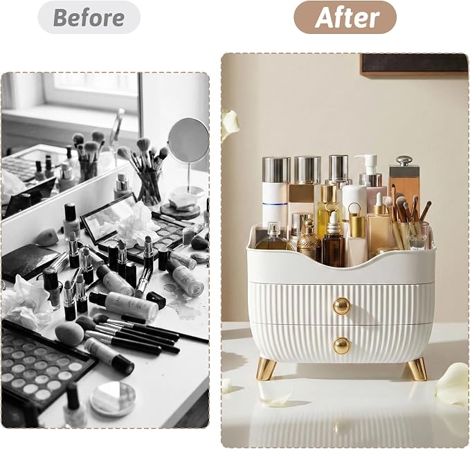 Makeup Organizer Countertop, Large Capacity Skincare Organizer for Vanity | Cosmetics Organizer with Drawes & Handle, Cosmetic Display Cases Storage Box for Dresser, Bathroom, Gifts for Women(White)