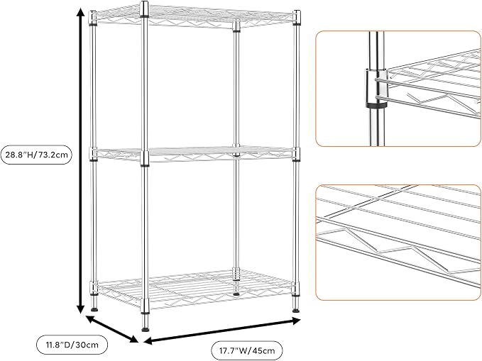 M MZG 3 Tiers Shelf Metal Storage Shelves Wire Rack Closet Organizers with Wheel for Garage Kitchen Bathroom Laundry Chrome 11.8" D x 17.7" W x 28.8" H