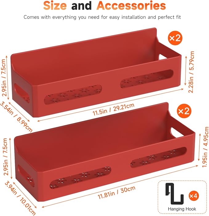 Sevenblue 4-Pack Magnetic Spice Rack for Refrigerator with Hooks, Red | Strong multipurpose magnetic shelf for kitchen & bathroom organization. Includes 4 removable hooks for hanging items.