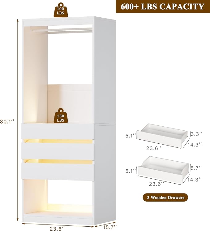 HUAHUU Freestanding 2FT Closet System with 3 Wood Drawers & Glasstop, 24" Closet Organizer System with Hanging Rod & LED Lights, Walk-in Closet Systems for Small Closets, White (24"L x 16" W x 80" H)
