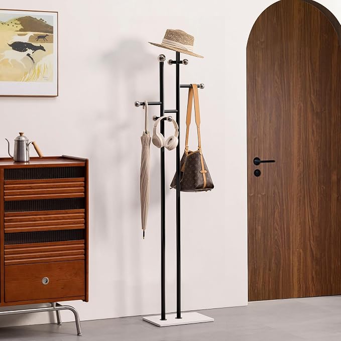 Metal Standing Coat Rack for Entryway Bedroom Living Room (Black) | Easy Assembly, Compact Footprint, Space Saver, Metal Frame, Marble Base, Sturdy, 8 Spherical Hooks, Office, Corner