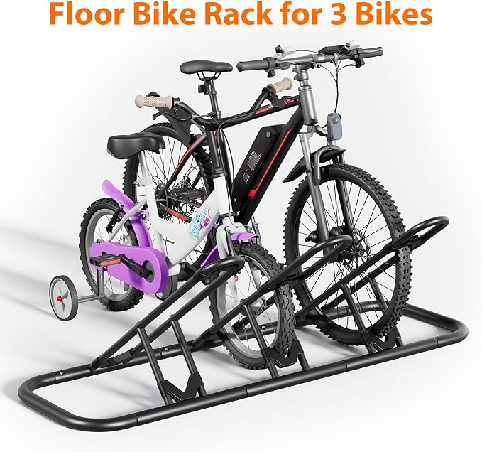 Mr IRONSTONE Bike Rack, Floor Storage Stand for Garage, Indoor/Outdoor Parking Holder, Fits Mountain, Road & Kids Cycles (Black, 3-Slot)