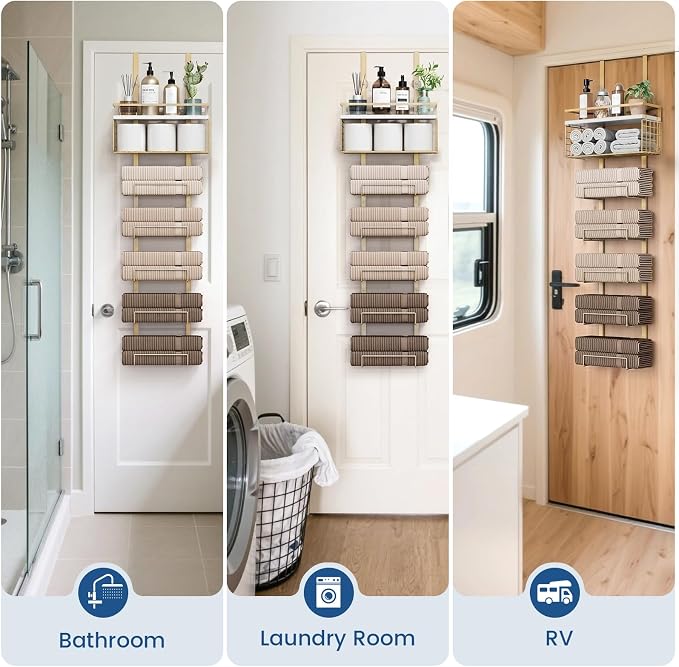 Aetyord Towel Racks for Bathroom Over The Door Towel Racks Towel Storage Organizer with Metal Shelf Basket for Bathroom Rv Camper (7-Tier Gold)