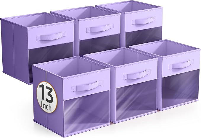 Sorbus 13 Inch Storage Bins with Clear Window - 6 Foldable Baskets for Organizing Clothes, Toys, Books - Sturdy Collapsible Fabric Storage Cubes with Handle - Storage Baskets for Shelves, Closets