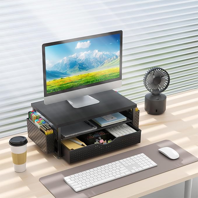 gianotter Desk Organizers and Accessories, Monitor Stand with Drawer and 2 Pen Holder, Desktop Organizer Suitable for Offices and Dormitories (Black-Plain)