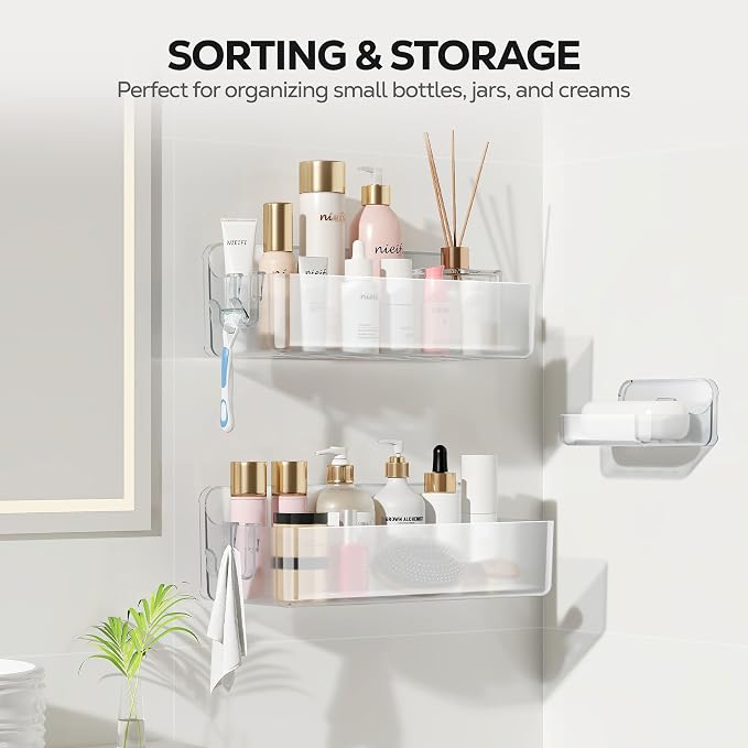 Nieifi Adhesive Shower Shelves, Clear, 3 Pieces | Rustproof ABS, Large Capacity, Removable Design, Easy-Clean, No Drilling Shower Organizer for Bathroom Storage & Home Decor
