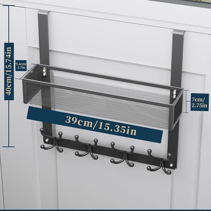 Consumest Over The Door Hooks Organizer - 2 Tier Over Door Hanger with 16 Hooks & 2 Baskets for Hanging Coat, Clothing, Towel, Back Storage for Bathroom, Closet, College Dorm, Grey