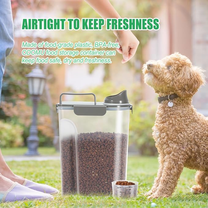 Dog Cat Food Storage Container with Cup (Dark Olive, 5L) | Pet Food Pourable Container Airtight with Large Spout, BPA-Free Plastic Food Dispenser for Pet Food, Bird Seed, Rice, Flour