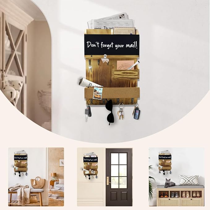 Mail Organizer Wall Mount,Key Holder Mail and Key Organizer for Wall with Shelf, Chalkboard, Corkboard, Home Decor for Room Office Entryway(Light Wood)