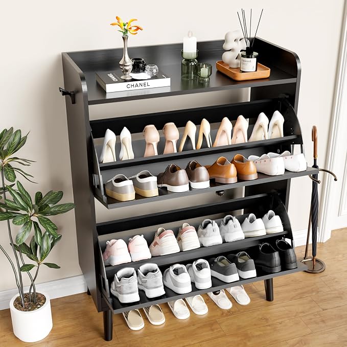 YZ HOME Shoe Storage Cabinet with 2 Flip Drawers | Entryway Shoe Cabinet, Metal Hooks & Adjustable Shelves, Freestanding Narrow Shoe Rack for Hallway Foyer, Black