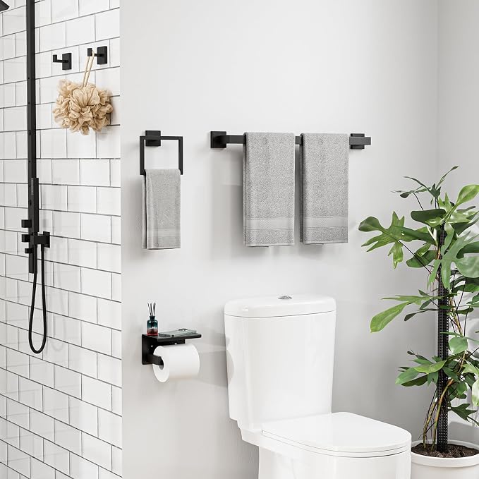 5-Pieces Matte Black Bathroom Hardware Set, 24 Inch Bathroom Towel Bar Set, SUS304 Stainless Steel Bathroom Hardware Accessories Set, Towel Racks for Bathroom Wall Mounted