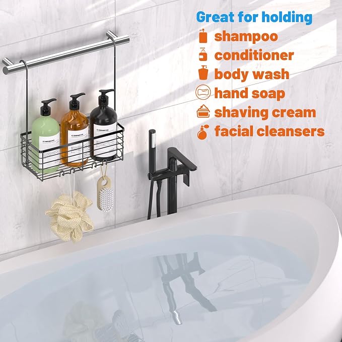 YUOROS 304 Stainless Steel Hanging Shower Caddy (Black) | Over the Door Shower Organizer Rack Rustproof Bathroom Storage Shampoo Holder Basket
