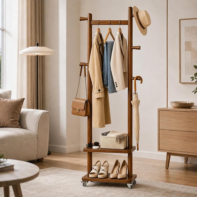 Taitiy Solid Wood Coat Rack Small Freestanding with Wheels 2 Shelves | Small spaces, solid rubberwood construction, 2 shelves and 5 hooks, ideal for bedrooms, entryways, apartments and homes