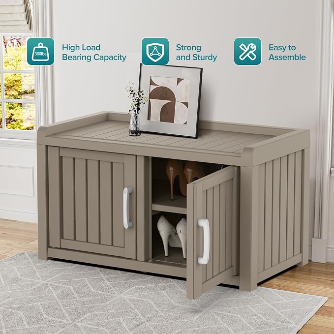 ROJIK Shoe Cabinet Storage Bench Indoor Outdoor, Waterproof UV-Resistant Resin Entryway Furniture with Adjustable Shelves for Hallway, Living Room and Bedroom (Double Door,Grey)