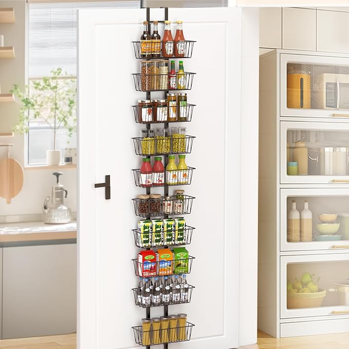 10 Tier Over the Door Pantry Organizer, Over the Door Organizer with Adjustable Baskets, Metal Hanging Door Pantry Organizers and Storage for Kitchen Bathroom Bedroom, Black