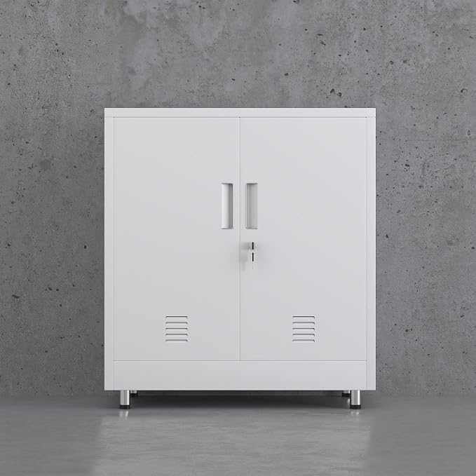 JINGUR Metal Storage Cabinet with Locking Doors and Adjustable Shelf, Small Lockable Sideboard Buffet Cabinet for Home Office Hallway Entryway Living Dining Room (White)