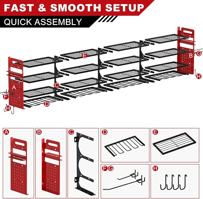 Large Power Tool Organizer Wall Mount, 16 Drill Holders Storage Rack, Red | 4-Tier Heavy-duty Wall Rack Holds 16 Cordless Drills, Saving Valuable Garage and Workshop Space