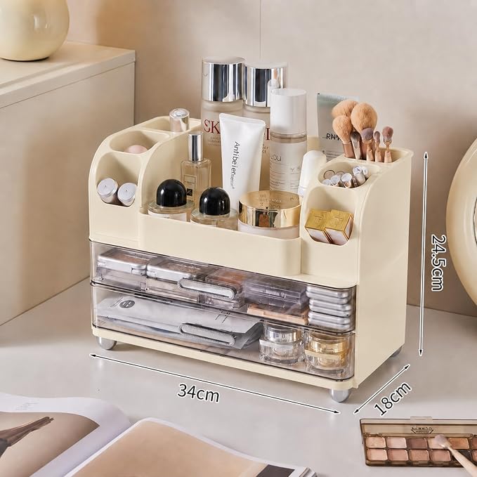 Large Makeup Organizer for Vanity - Perfume Cosmetic Display Cases | Skincare Organizers with 2 Drawers for Bathroom Dresser Desk, Easy to Store Brush Eyeshadow Lipstick Beauty Supplies, Cream