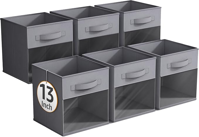 Sorbus 13 Inch Storage Bins with Clear Window - 6 Foldable Baskets for Organizing Clothes, Toys, Books - Sturdy Collapsible Fabric Storage Cubes with Handle - Storage Baskets for Shelves, Closets