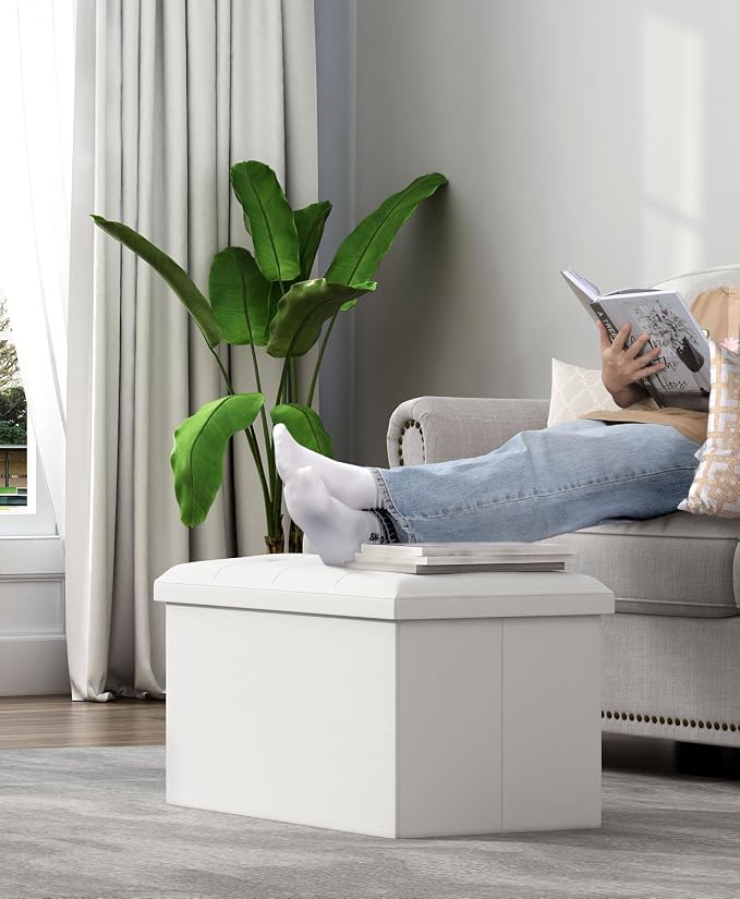 Folding Storage Ottoman Bench, White, 30 Inches | Multi-Functional Ottoman Foot Rest, End of Bed Bench, Storage Chest, Living Room, Bedroom, Hallway, Entryway, 600 lb Capacity