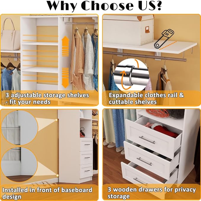 Dilando Closet Organizer System with Drawers, 5FT - 7.61FT Closet Shelving System Walk in Wood Corner Closet Storage System with 4 Shelves Custom Hanging Rods Heavy Duty Wall Mount, White