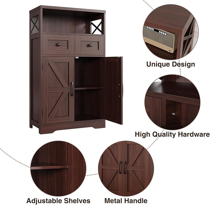 Farmhouse Storage Cabinet Set of 2, Small Kitchen Pantry Coffee Bar Cabinet | Accent Buffet Cabinet Cupboard, 2 Drawers, Barn Doors & Adjustable Shelves, for Kitchen/Entryway/Bathroom, Dark Brown