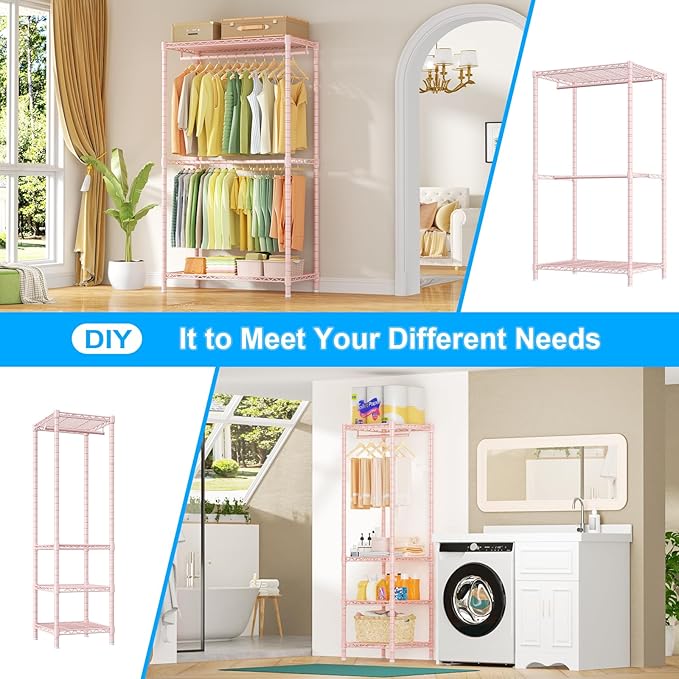 Ulif E10 Clothes Rack(With Stretchable Hanger Rod)Freestanding Clothing Racks for Hanging Clothes,Adjustable Closet Organizer System,Portable Garment Rack 73-97"W x 15" D x 72" H,Max Load 800LBS,Pink