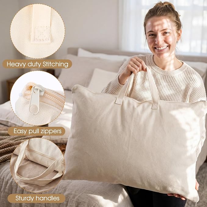 2 Pack Travel Pillow and Blanket Bags, 100% Cotton Canvas Pillow Storage Bag with Handles for Airplane Home, Heavy Duty Breathable Organizer for Bedding Linens, Pillow Bag for Traveling(2,20"x26")