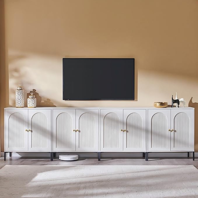 IFGET 123.5" W Modern Arched Sideboard Buffet Cabinet with Storage, White | Fluted Arch Sideboard Cabinet w/Adjustable Shelves, Wooden Modular Kitchen Cabinet for Dining& Living Room, Entryway