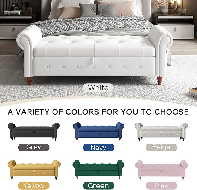 NIOIIKIT 63'' Storage Ottoman Bench, Tufted Entryway Bench White Polyester | Button Tufted End of Bed, Large Storage Space, Rolled Armed Ottoman Couch Long Bench for Bedroom, Living Room, Hallway
