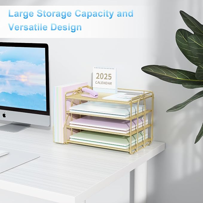 Spacrea Desk Organizers and Accessories, Paper Organizer for Desk with File organizer, Desk Accessories & Workspace Organizers for Office Supplies (Gold)