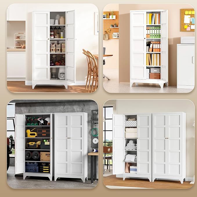 Yizosh Metal Storage Cabinet with 2 Doors and 4 Adjustable Shelves,- 72" White Kitchen Pantry Storage Cabinet for Kitchen,Living Room,Dining Room