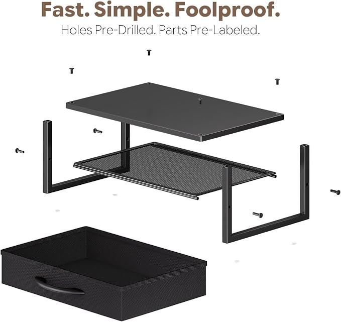 Ekisemio Metal Monitor Stand Riser with Fabric Drawer, 2-Tier Computer Desk Organizer for Laptop, Computer, iMac, Black | Fabric Drawer, 2-Tier Design, Desk Organizer, Metal Construction