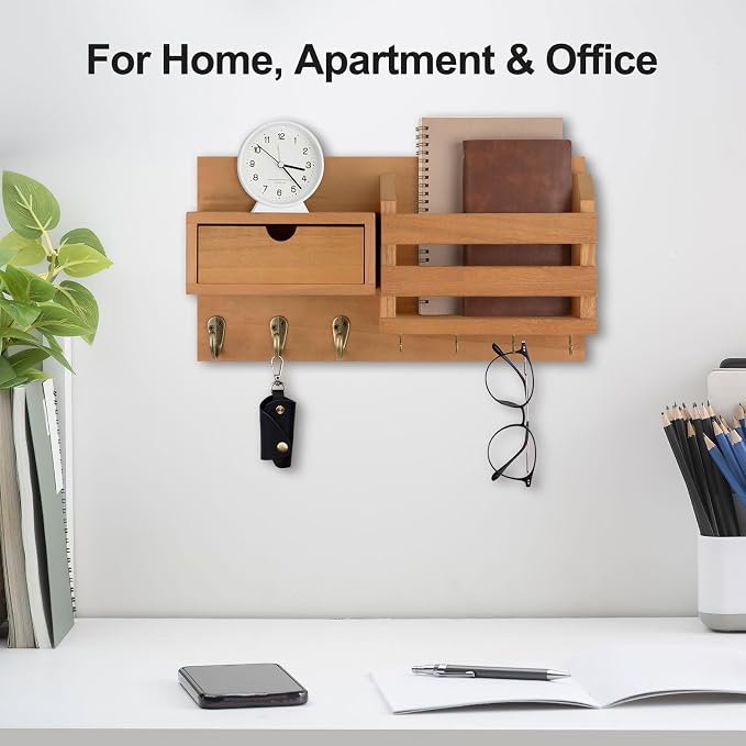 Lwenki Wall Mount Key Holder with Mail Organizer, 100% Paulownia Wood, 7 Metal Hooks, Storage Drawer, Entryway Home Decor