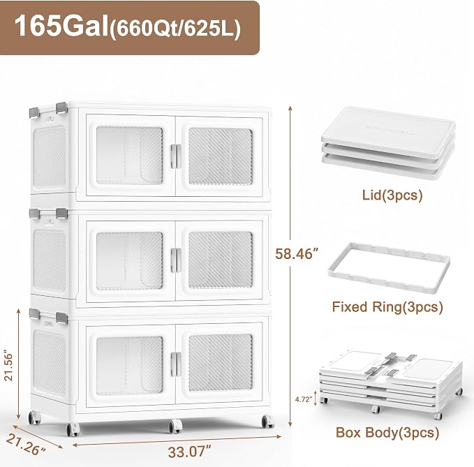 BROVIEW 660 Qt/165 Gal Stackable Storage Bins with Lids, 3 Pack, White | Large Stackable Storage Boxes w/ 3 Lid Folding Plastic Cart Organizer for Home Kitchen, Open Front Clear Door with Wheels