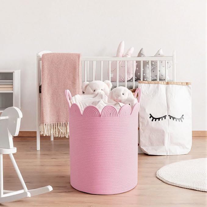 LemonRoad Pink Round Tall Basket Large Blanket Basket 15" x 20" Scalloped Woven Baskets Cotton Storage Baskets for Nursery Classroom Closet Blankets Storage Home Decor