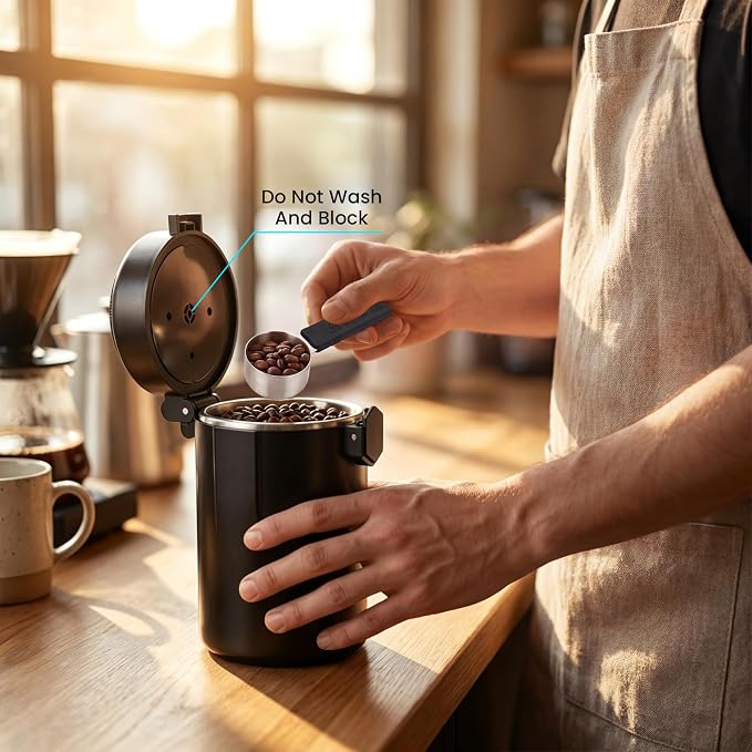 Coffee Canister with Humidity Meter, Airtight Stainless Steel Food Storage Container with Lids,Date Tracker,Venting Valve and Magnetic Scoop for Grounds Coffee,Beans,Tea,Flour,Cereal,Jars,16OZ,Black