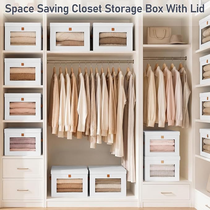 DIMJ Storage Bins with Lids - 6 Pack Front Opening Stackable Fabric Storage Boxes with Clear Window & Handles, Collapsible Closet Organizers for Clothes, Sweaters, Shelf Storage, Bedroom, White