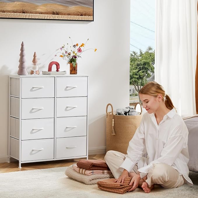 OLIXIS 8 Drawer Storage Dresser for Bedroom, White Closet Organizers Units | Fabric Dresser with Wooden Top, Chest of Drawers Clothes Storage, Tower Cabinet for Living Room, TV Stand Furniture