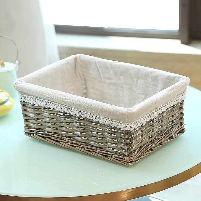 rismart Handmade Wicker Storage Baskets Woven Decorative Organizing Bins for Bedroom Bathroom Shelf Grey