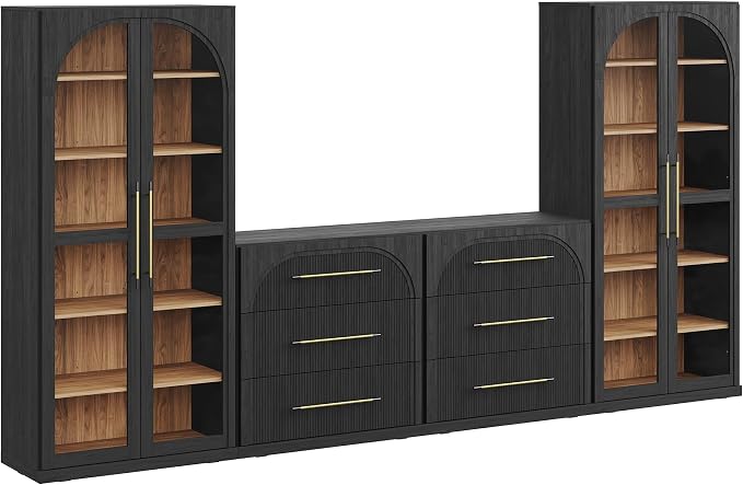 BELLEZE 4-Piece Modular TV Stand Set - 2 Sideboards with Drawers and 2 Tall Storage Cabinets, Classic Modern Media Console Entertainment Center with Adjustable Shelves for Living Room, Ebony