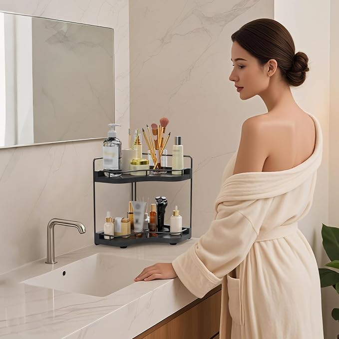 2-Tier Corner Bathroom Counter Organizer, Larger Size | Embedded Screw Holes, Sturdy & Stable, Oversized, Holds More, Vanity Shelf for Makeup & Skincare