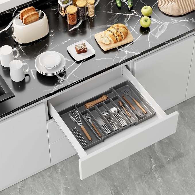Aujen Silverware Drawer Organizer, Adjustable Utensil Cutlery Tray | Expandable Kitchen Organizer for Forks Knives, Multipurpose Kitchen Storage, Apartment Essentials, Grey, Large