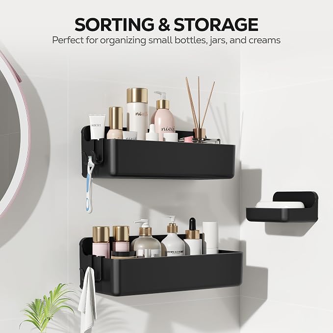 Nieifi Adhesive Shower Shelves, Black, 3 Pieces | Rustproof ABS, Large Capacity, Removable Design, Easy-Clean, No Drilling Shower Organizer for Bathroom Storage & Home Decor
