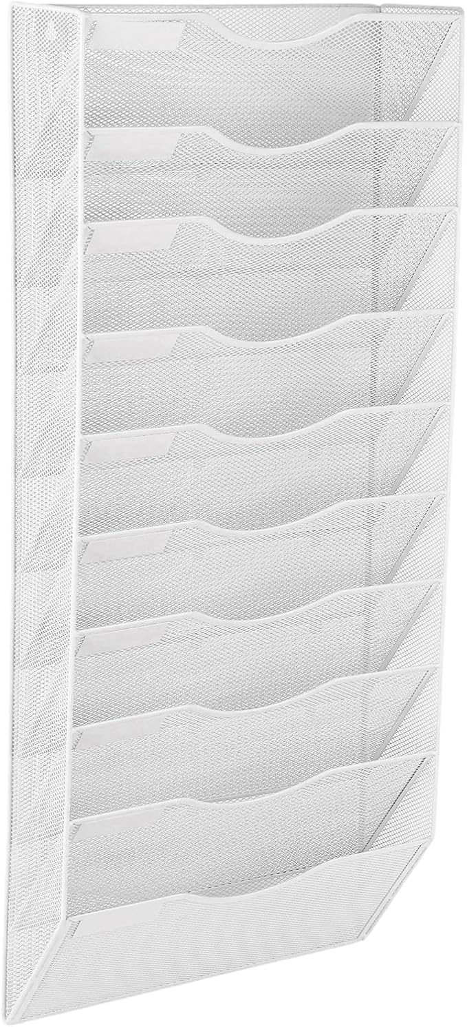 EASEPRES 10 Pocket Mesh Hanging Wall File Organizer, Wall Mounted Mail Paper Document Folder Holder, Clipboard Storage Organization Magazine Rack with Nametag Label for Office Home School, White