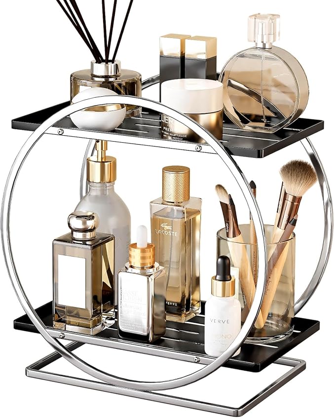 Bathroom Counter Organizer, 2-Tier Perfume Organizer for Dresser | Silver Black Bathroom Organizers and Storage, Makeup Organizer Countertop Vanity Tray Skincare Perfume,Bathroom Counter Shelf