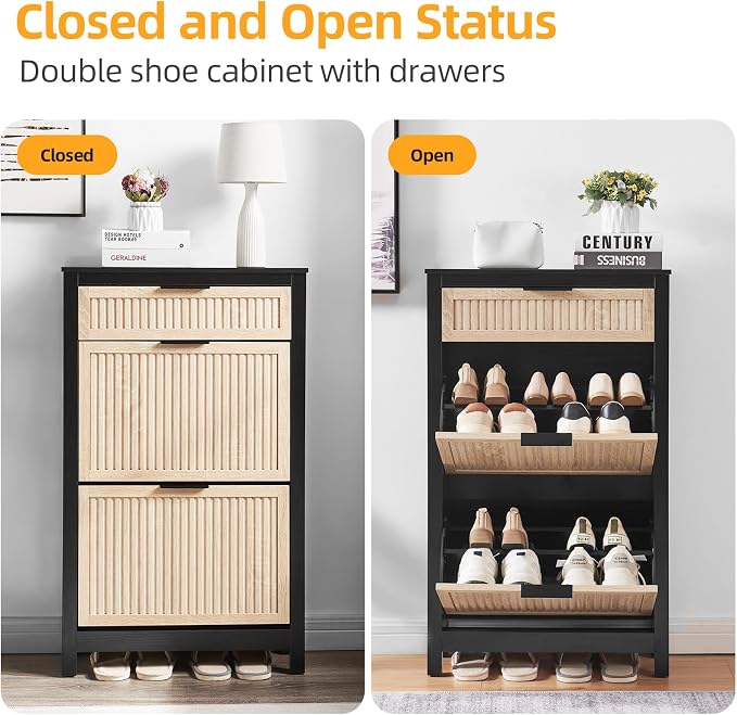 2-Flip Drawer Shoe Cabinet Narrow Entryway Rack, Oak&Black | Vertical Wood Grain, Metal Handles, Adjustable Compartments, Removable Shelf, Anti-Tip Device, for Hallway Foyer Entryway