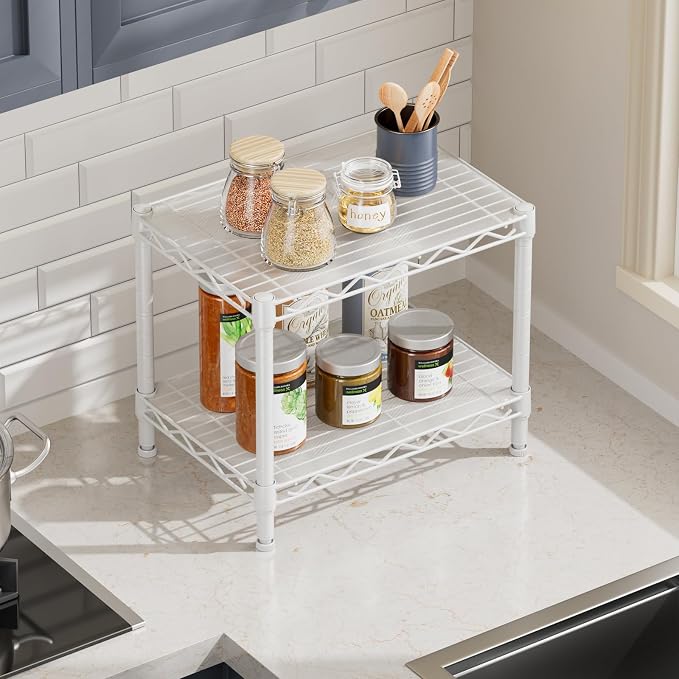 SINGAYE Small Shelves Kitchen Storage Shelf Wire Shelving Metal Adjustable | 2 Tier Shelf Organizers Storage Shelving Unit for Office Pantry Laundry Bathroom Closet Home 11.6" D X 17.6" W X 12" H White